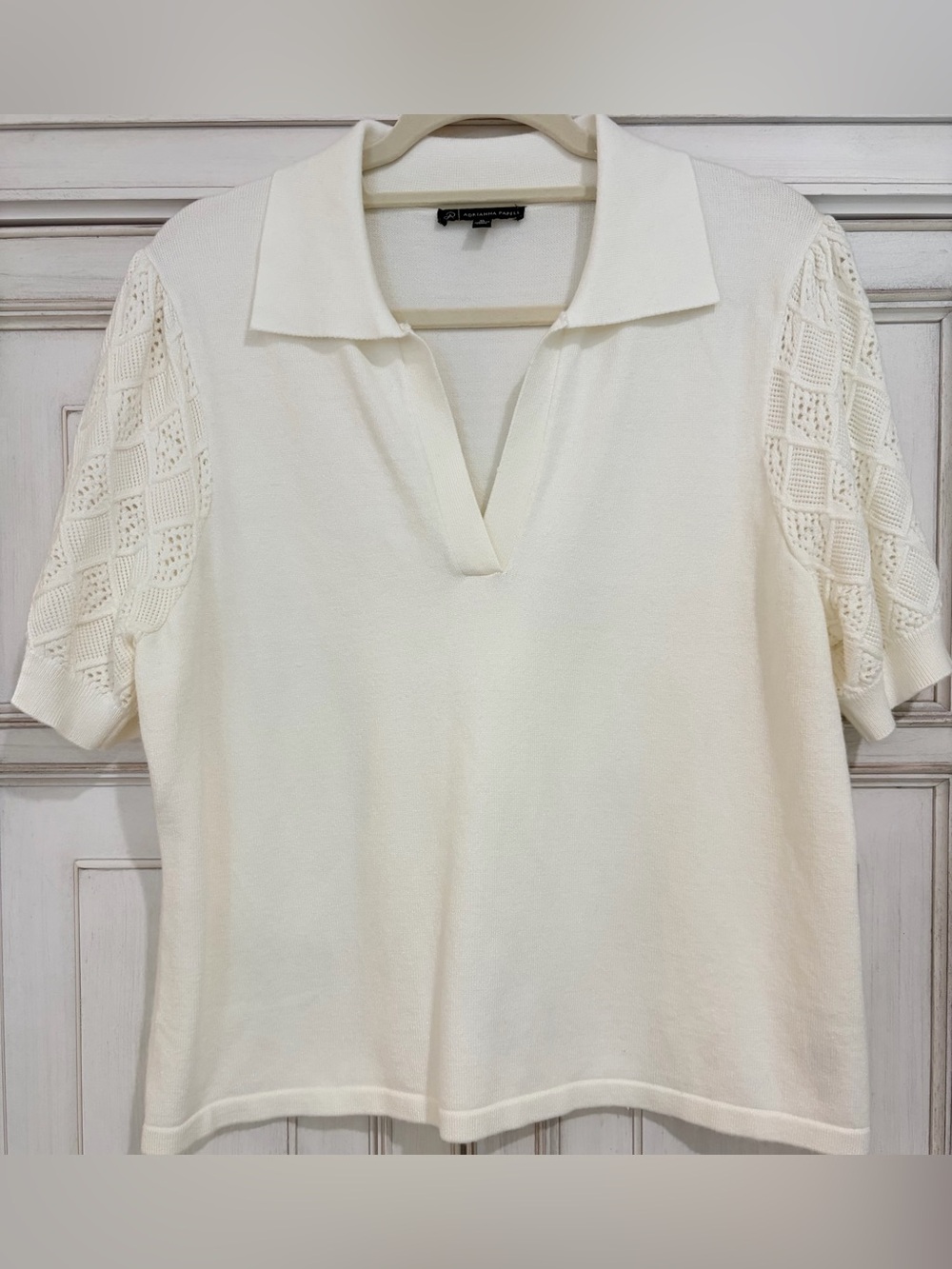 NWOT SZ XL Adrianna Papell Ivory Knit Polo Top with Crochet Sleeves - Picture 1 of 6